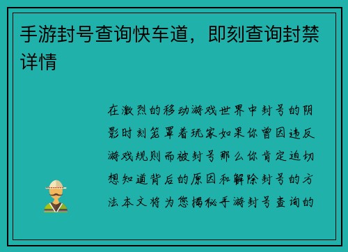 手游封号查询快车道，即刻查询封禁详情