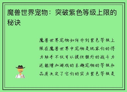 魔兽世界宠物：突破紫色等级上限的秘诀